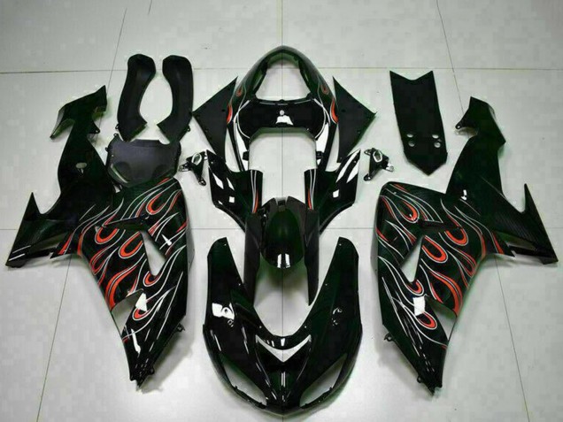 Beste Kawasaki ZX10R Motorrad Verkleidung Kit 2006-2007 - Glanzendes Schwarz Rot Flamme
