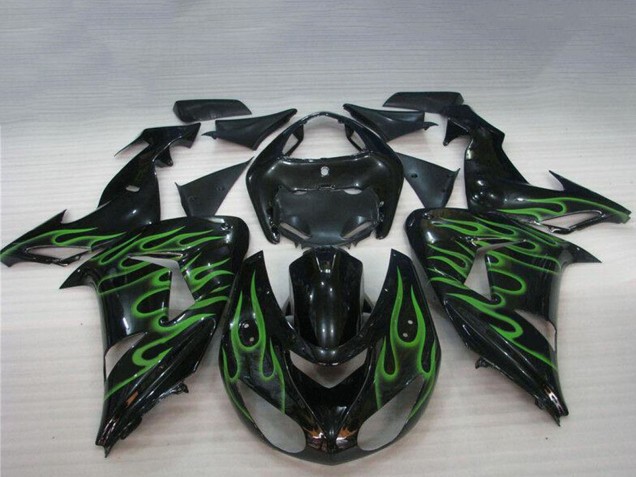 Beste Kawasaki ZX10R Motorrad Verkleidung 2006-2007 - Glanzendes Schwarz Grun Flamme