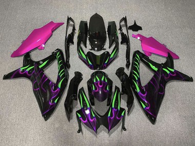 Beste Suzuki GSXR 600 / GSXR 750 Motorrad Verkleidung 2008-2010 - Glanzendes Schwarz Rosa Lila Grun Flamme