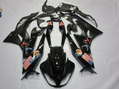 Beste Kawasaki ZX6R Motorrad Verkleidung 2009-2012 - Glanzendes Schwarz Matt Schwarz American Flag