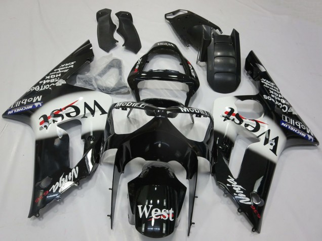 Beste Kawasaki ZX6R Motorrad Verkleidung 2003-2004 - Glanzendes Schwarz Weiss West