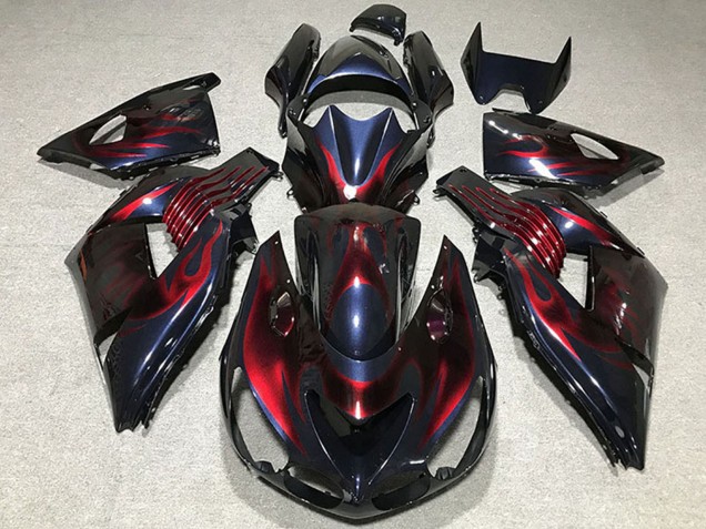 Beste Kawasaki ZX14R Motorrad Verkleidung 2006-2011 - Chameleon Blau Schwarz Rot Flamme