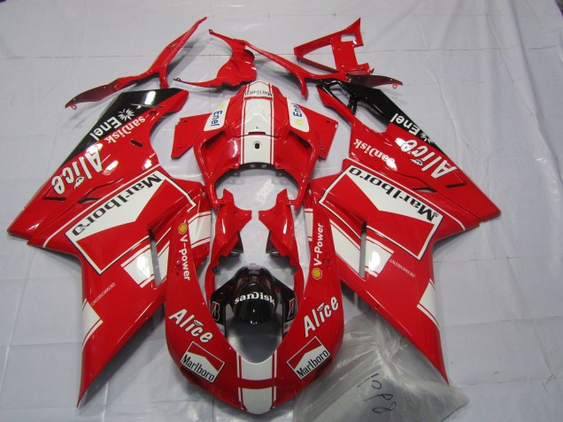Beste Ducati 848 1098 1198 Motorrad Verkleidung 2007-2014 - Weiss Rot Glanzendes Schwarz Marlboro Alice
