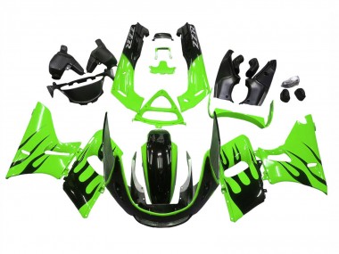 Beste Kawasaki ZZR600 Motorrad Verkleidung 1998-2003 - Grun Glanzendes Schwarz Flamme