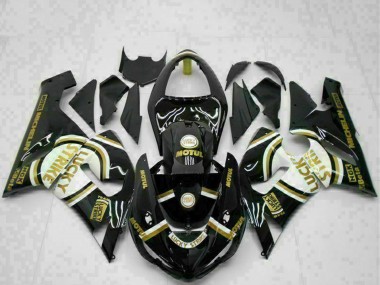 Beste Kawasaki ZX6R Motorrad Verkleidung 2005-2006 - Glanzendes Schwarz Weiss Gold Lucky Strike