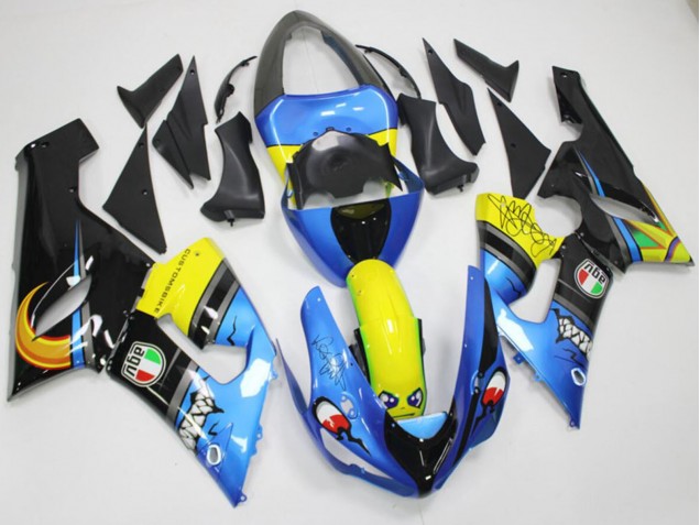 Beste Kawasaki ZX6R Motorrad Verkleidung 2005-2006 - Blau Gelb Schwarz Hai