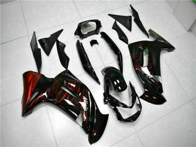 Beste Kawasaki EX650 Motorrad Verkleidung 2006-2008 - Glanzendes Schwarz Rot Flamme
