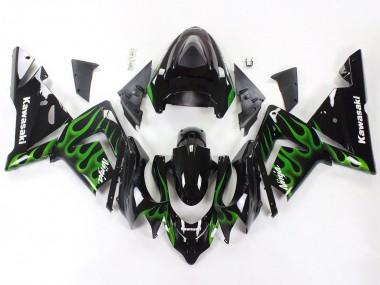Beste Kawasaki ZX10R Motorrad Verkleidung 2004-2005 - Schwarz mit Gruner Flamme Ninja