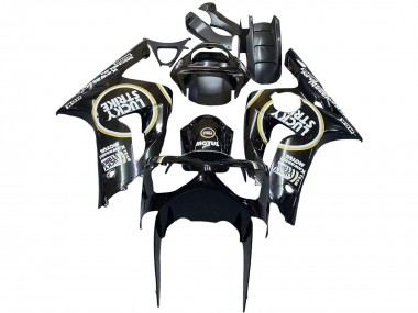 Beste Kawasaki ZX6R Motorrad Verkleidung 2003-2004 - Glanzendes Schwarz Weiss Motul Lucky Strike