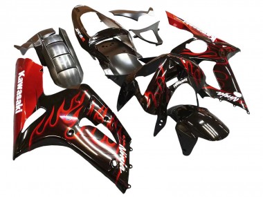 Beste Kawasaki ZX6R Motorrad Verkleidung 2003-2004 - Glanzendes Schwarz Rot Flamme