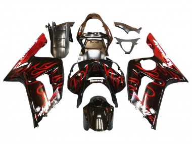 Beste Kawasaki ZX6R Motorrad Verkleidung 2003-2004 - Glanzendes Schwarz Rot Flamme