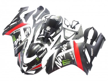 Beste Kawasaki ZX6R Motorrad Verkleidung 2007-2008 - Schwarz Weiss Rot mit weissem Schnee Aufkleber Ninja Elf