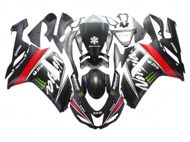 Beste Kawasaki ZX6R Motorrad Verkleidung 2007-2008 - Schwarz Weiss Rot mit weissem Schnee Aufkleber Ninja Elf