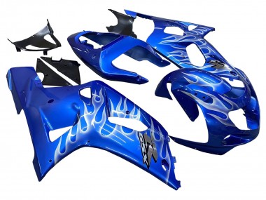 Beste Suzuki GSXR 600 / GSXR 750 Motorrad Verkleidung 2001-2003 - Blau mit Weiss Flamme