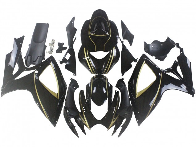 Beste Suzuki GSXR 600 / GSXR 750 Motorrad Verkleidung 2006-2007 - Glanzendes Schwarz Gold Streifen