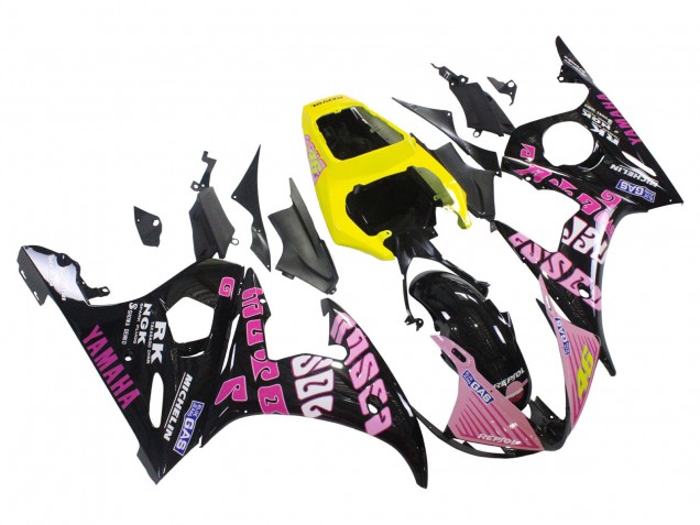 Beste Yamaha YZF R6 Motorrad Verkleidung 2003-2004 - Gelb Rosa Glanzendes Schwarz Rossi Repsol 46