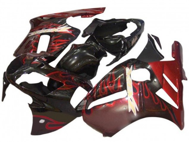 Beste Kawasaki ZX12R Motorrad Verkleidung 2000-2001 - Glanzendes Schwarz Rot Flamme
