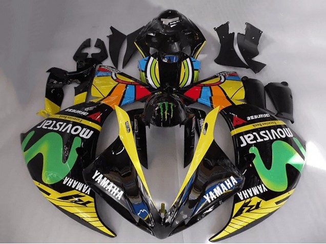 Beste Yamaha YZF R1 Motorrad Verkleidung 2012-2014 - Glanzendes Schwarz Gelb Grun Weiss Blau MoviStar Monster