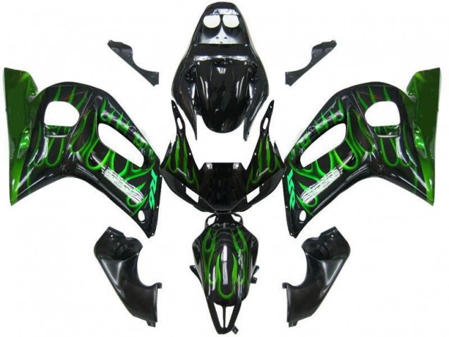 Beste Yamaha YZF 600 R6 Motorrad Verkleidung 1998-2002 - Glanzendes Schwarz Grun Flamme