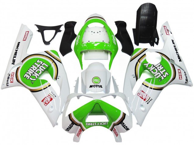 Beste Kawasaki ZX6R Motorrad Verkleidung 2003-2004 - Weiss Grun Motul Lucky Strike