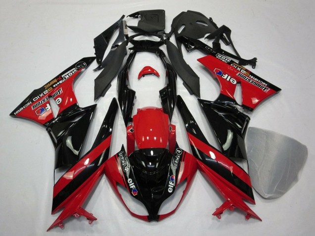Beste Kawasaki ZX6R Motorrad Verkleidung 2009-2012 - Rot Glanzendes Schwarz Elf Touch4 Bridgestone