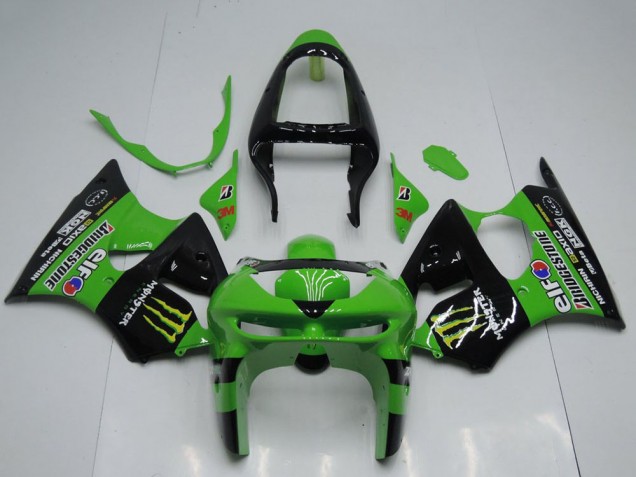 Beste Kawasaki ZX6R Motorrad Verkleidung 1998-1999 - Grun Glanzendes Schwarz Gelb Elf Bridgestone Monster
