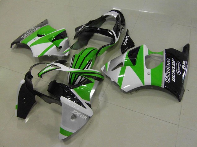 Beste Kawasaki ZX6R Motorrad Verkleidung 2000-2002 - Weiss Grun Glanzendes Schwarz Streifen Silkolene Dunlop