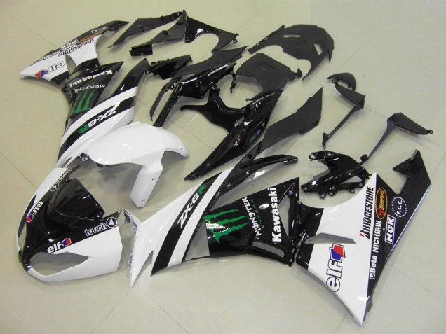 Beste Kawasaki ZX6R Motorrad Verkleidung 2009-2012 - Weiss Glanzendes Schwarz Grun Elf Touch4 Monster Bridgestone