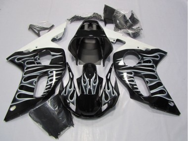 Beste Yamaha YZF R6 Motorrad Verkleidung 1998-2002 - Glanzendes Schwarz Weiss Flamme