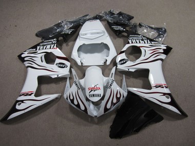 Beste Yamaha YZF R6 Motorrad Verkleidung 2003-2004 - Weiss Glanzendes Schwarz Flamme Hai