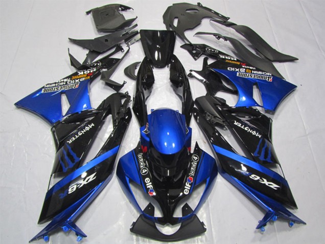 Beste Kawasaki ZX6R Motorrad Verkleidung 2009-2012 - Blau Glanzendes Schwarz Elf Touch4 Monster Bridgestone