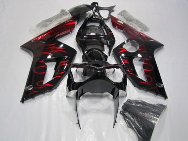 Beste Kawasaki ZX6R Motorrad Verkleidung 2003-2004 - Glanzendes Schwarz Rot Flamme