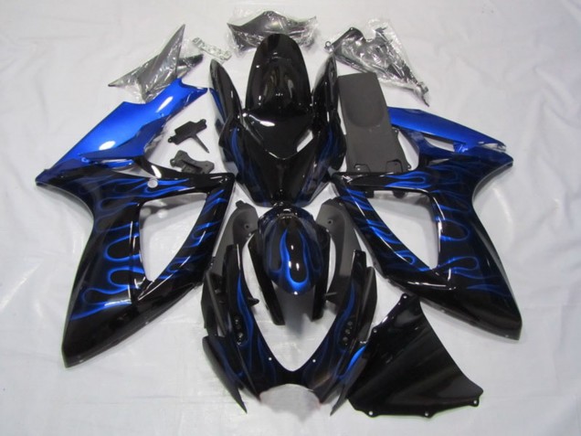 Beste Suzuki GSXR 750 Motorrad Verkleidung 2006-2007 - Glanzendes Schwarz Blau Flamme