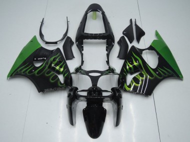 ZX6R 00-02 Motorrad Verkleidungen - Schwarz mit Grün Flamme